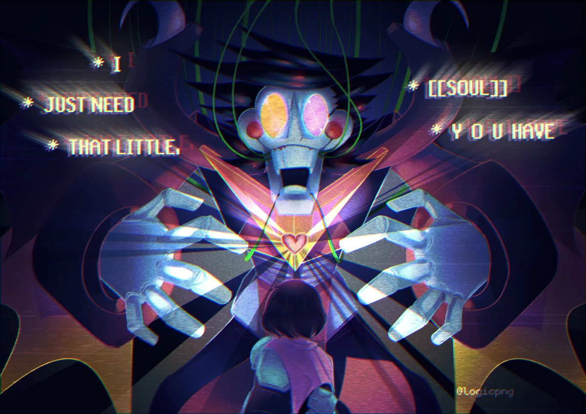 Digital illustration Kris facing off with Spamton NEO. Text reads 'I JUST NEED THAT LITTLE SOUL YOU HAVE'
